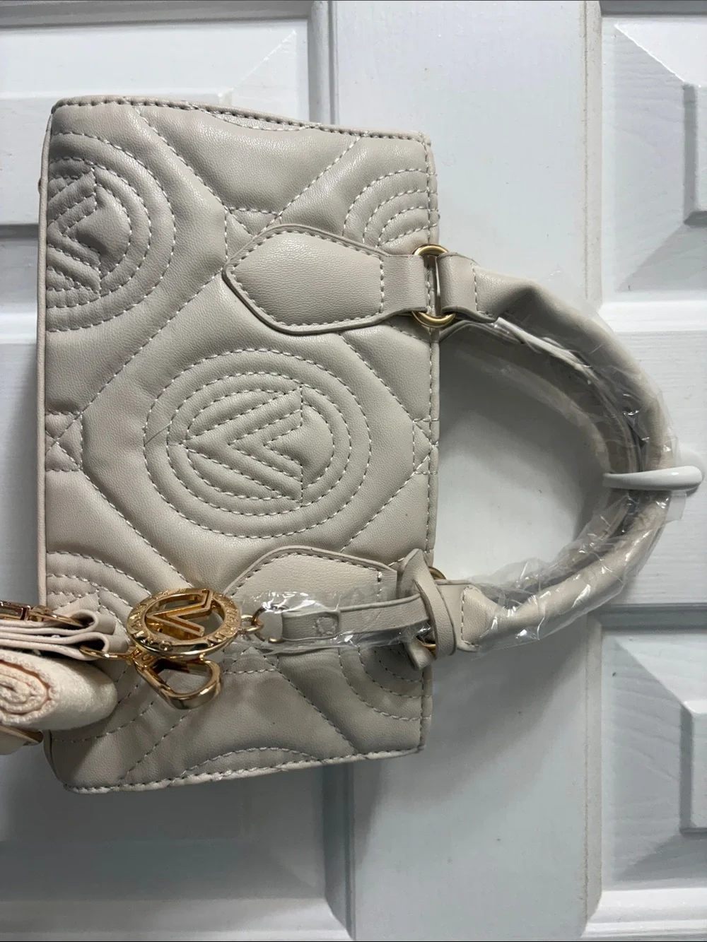 Cream Quilted Top-Handle Satchel with Gold Accent